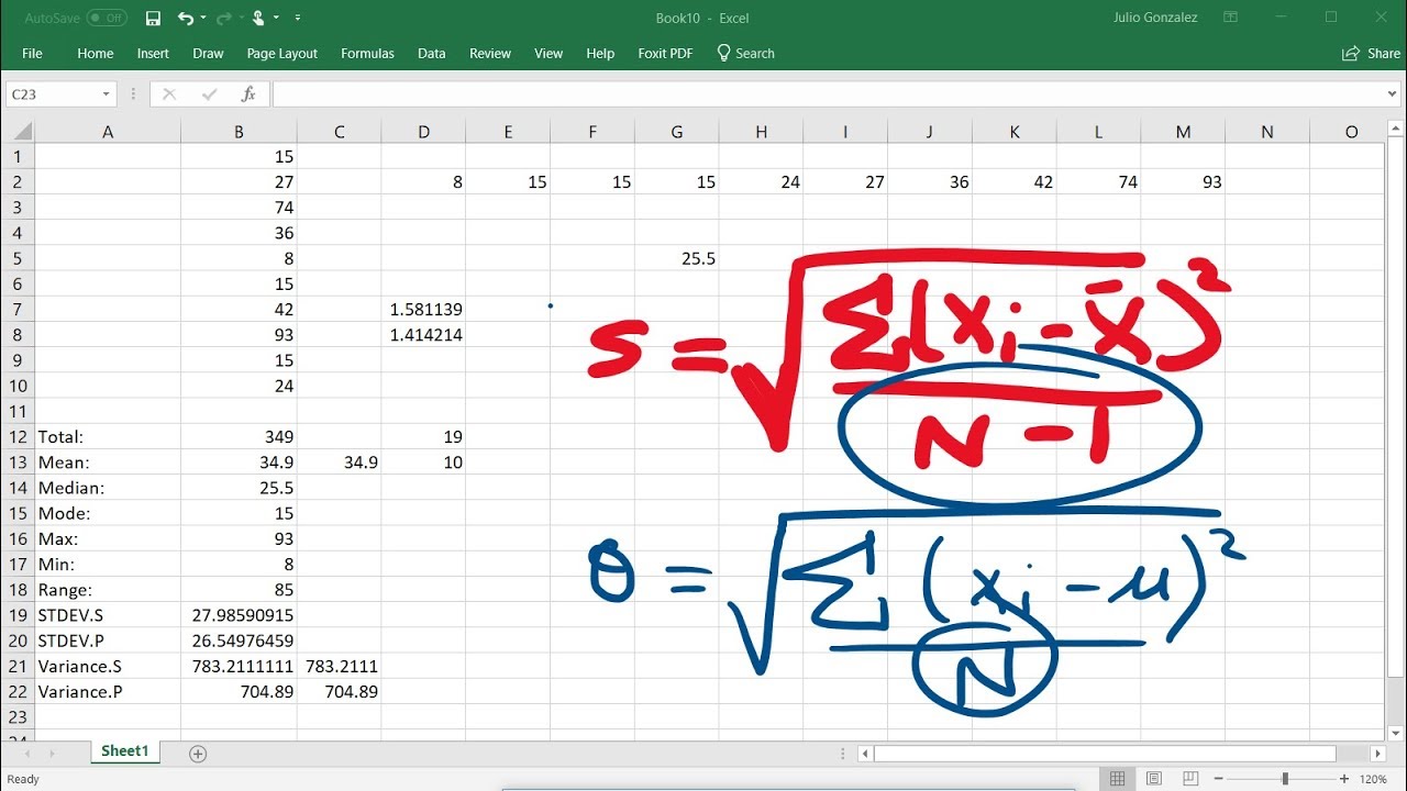 Calculating The Standard Deviation Mean Median Mode Range Variance Using Excel Youtube