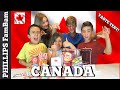 CANADIAN FOOD TASTE TEST| AMERICANS TRY TASTING CANADA SNACKS | PHILLIPS FamBam Challenges