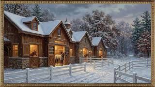 Winter Horse Stables Snowing Gold Frame TV Art Screensaver | 2 Hours 4K
