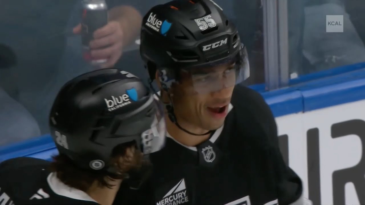 Quinton Byfield tips home the centering pass from Phillip Danault and completes the hat trick.