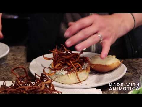 Recipe: Burgers w/ Crispy Sweet Potatoes & Chive-Shallot Yogurt Sauce