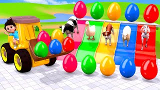 Animlas Names And Colors for Kids - Colorful Eggs on Farm with Horse, Duck, Cow, Dog, Sheep, Animals