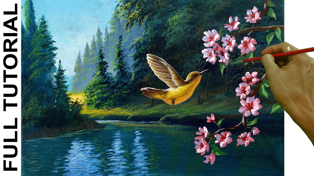 Acrylic Landscape Painting Tutorial / Humming Bird and Cherry ...