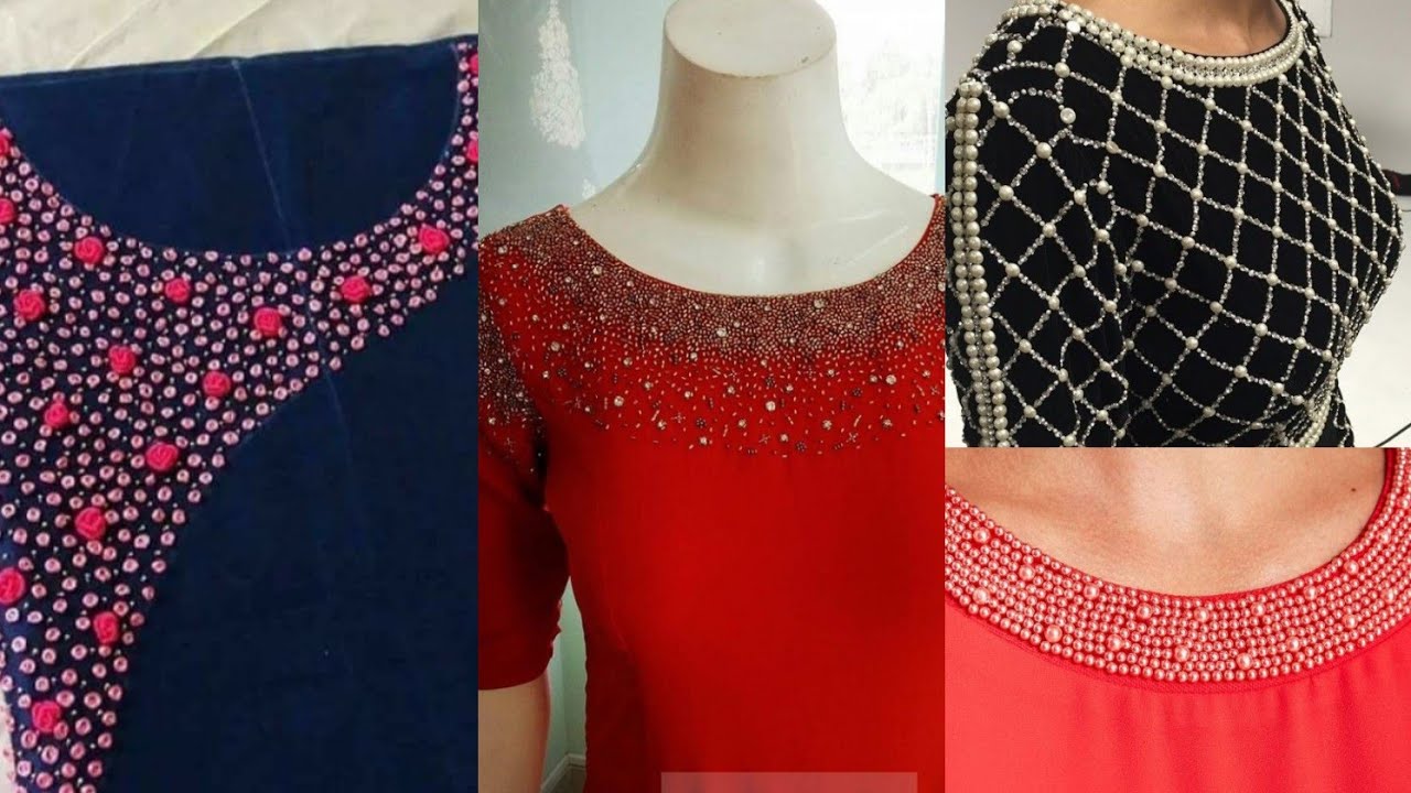 Beautiful and decent pearl neck designs/ button neck designs/ dori and  piping gala designs - YouTube