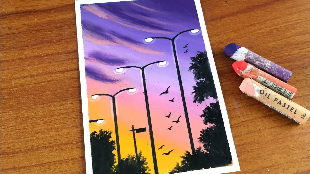 Sunset bird scenery oil pastel drawing | easy oil pastel drawing - YouTube
