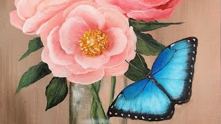 Blue Morpho Butterfly with Peonies Acrylic Painting LIVE Tutorial