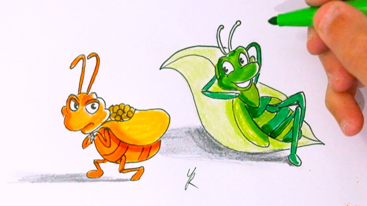 Comment dessiner la cigale et la fourmi dessin facile en couleur - YouTube