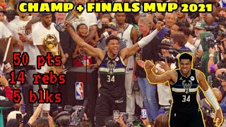 NBA 2021 CHAMPION Giannis Antetokounmpo Drops 50 pts, 14 rebs, 5 blks vs Suns game 6 performance MVP