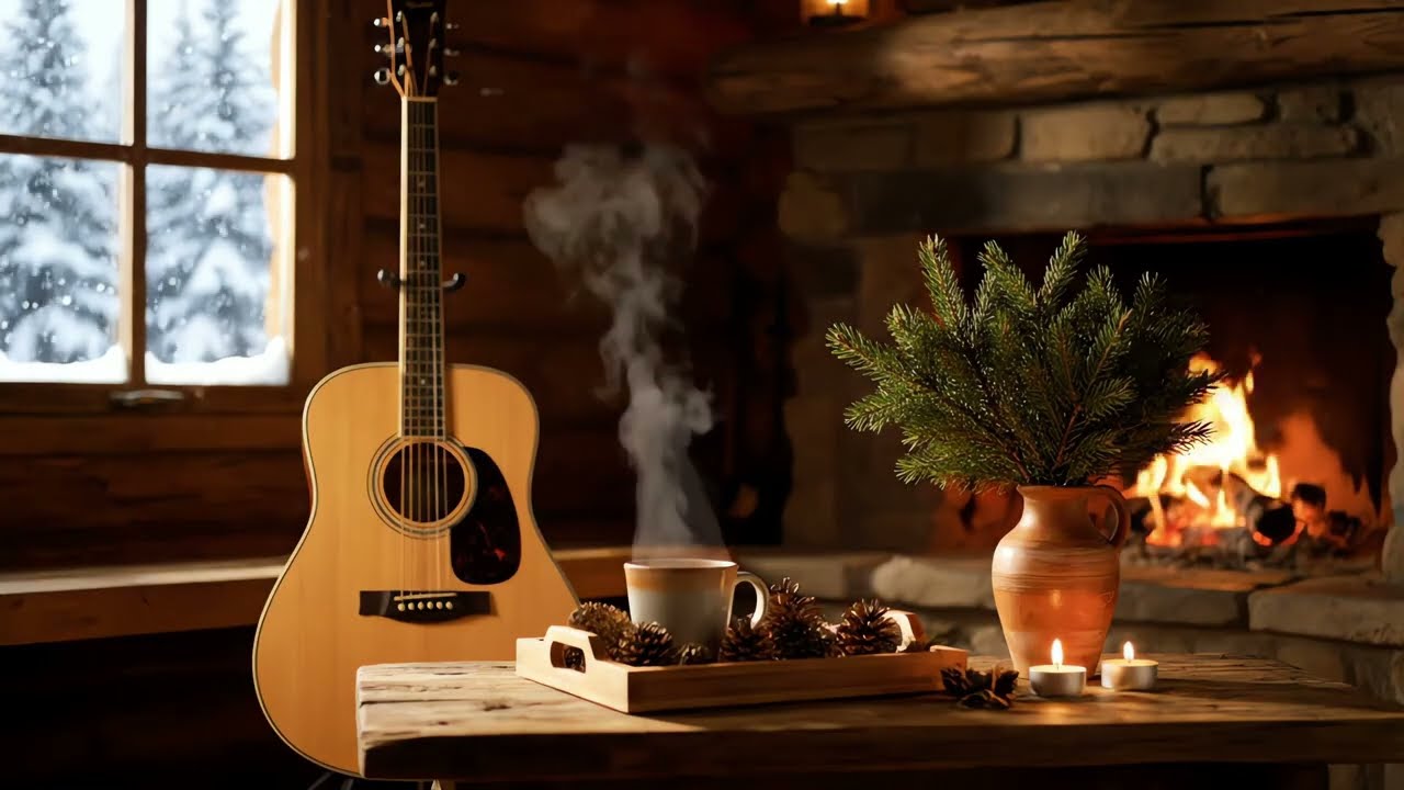 Calm Acoustic Guitar Music for Relaxation | Fireplace Ambience & Warm Coffee Time (2 Hours)
