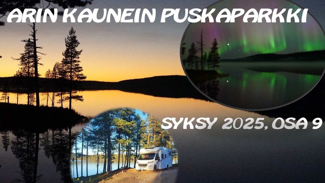 Inarissa Kaitamojärven rannalla puskaparkissa asuntoautolla. Nuotiolla paellaa ja taivaan revontulet