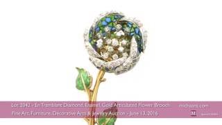 En Tremblant Diamond, Enamel, Gold Articulated Flower Brooch