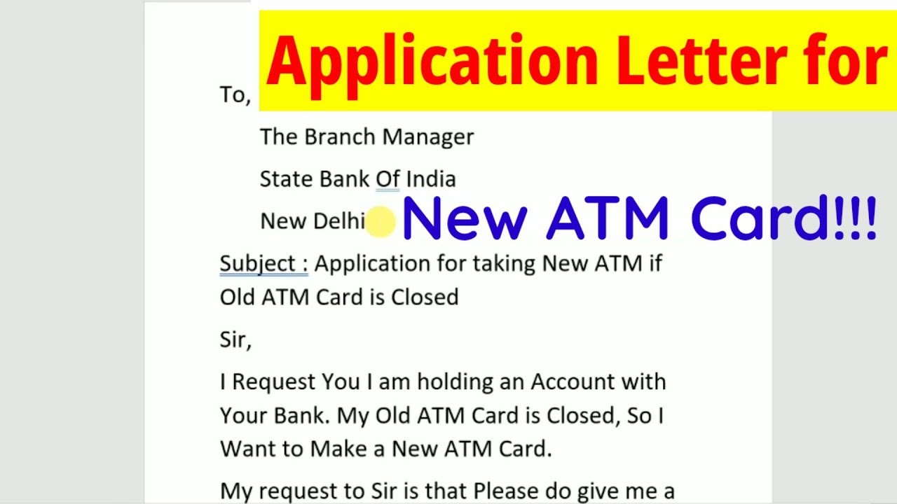 application letter to a bank for new atm card
