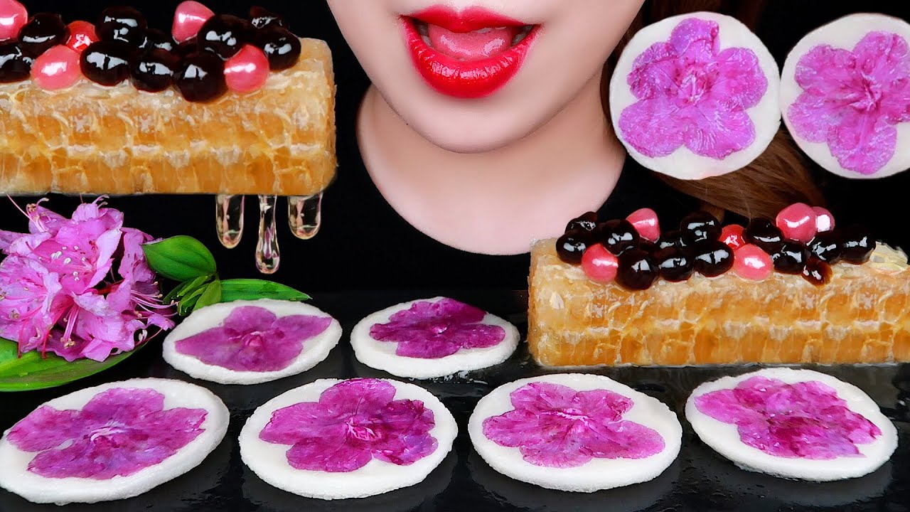 ASMR KOREAN SWEET RICE CAKES, HONEYCOMB, TAPIOCA PEARLS 화전, 벌집꿀, 타피오카펄 먹방 EATING SOUNDS MUKBANG