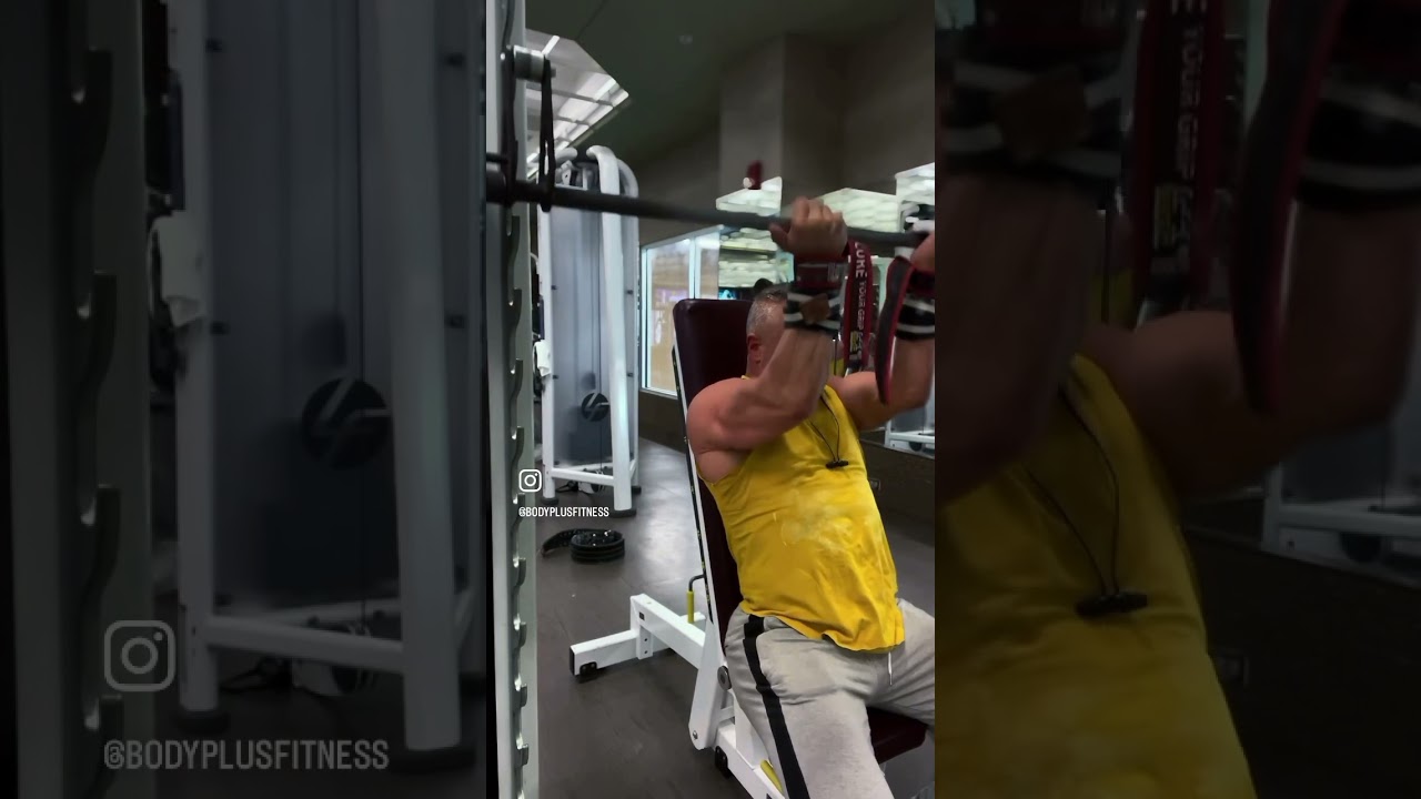 Close script Smith machine front presses are a great way to isolate the front delts #fit #shoulder