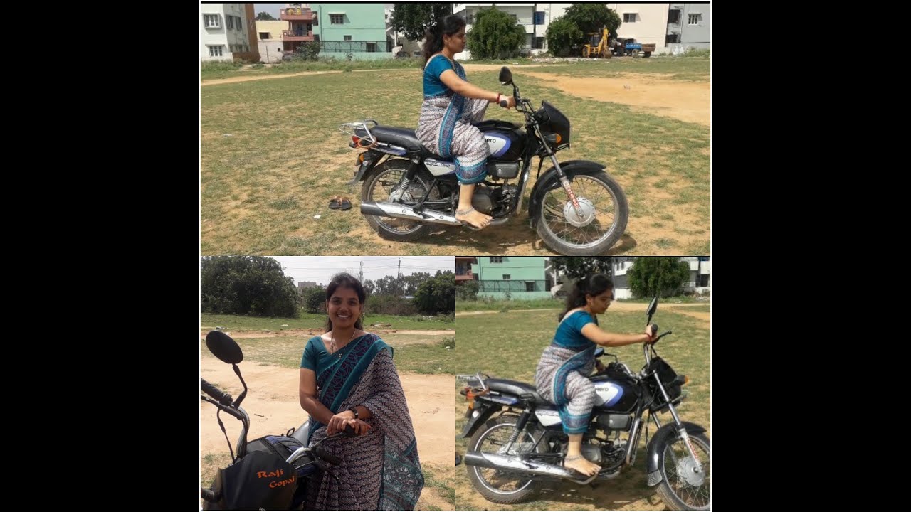 BIKE RIDING ON SAREE with BAREFOOT KICK STARTING ..