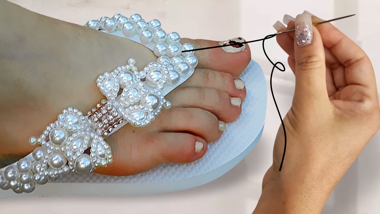 DIY: Ideias Incríveis Como fazer Chinelo Decorado com Pérolas e Tecido Fácil de fazer 3
