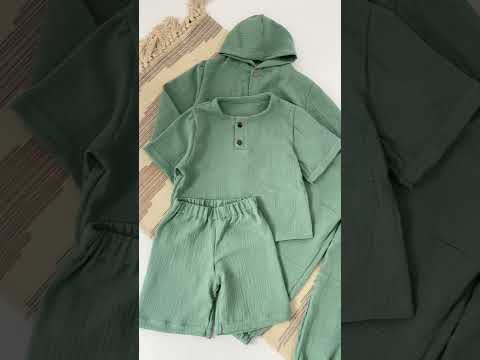 Дитячий літній костюм сорочка з капюшоном+шорти+футболка+штани оливковий, видео 1