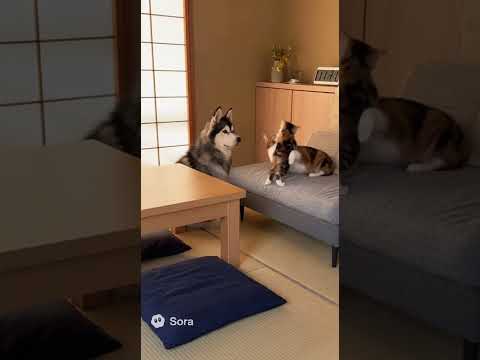 テーブルに飛び移る三毛猫の赤ちゃんA calico kitten leaping onto the table