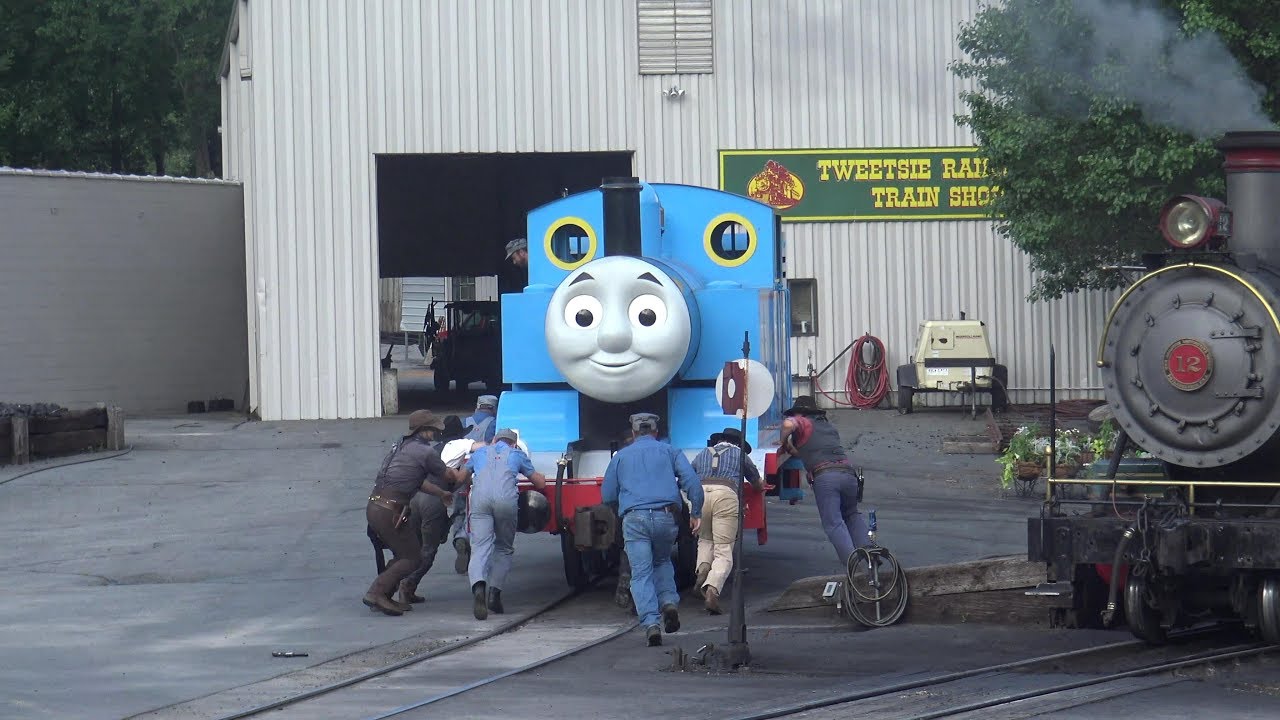 Thomas Rolls on His Own And Pushing Thomas The Tank Engine Back Into The Shed At The End Of The Day