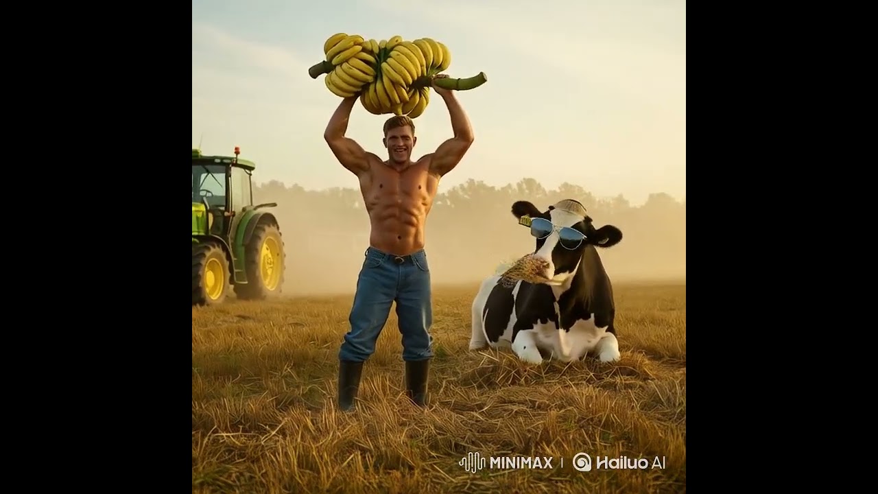 Happy Farmer Shows Off Ripe Bananas While Cool Cow Watches in Style! 🐄🍌