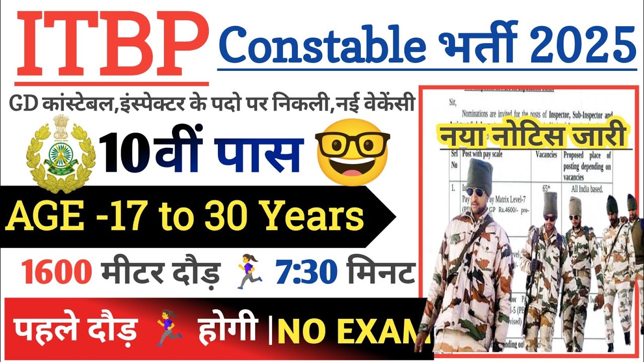 ITBP Constable Rally Recruitment 2025 Notification | ITBP Constable New Vacancy 2025 | Bharti august