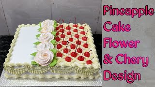 How To Make Square Shape Pineapple Cake Recipe |Pineapple Birthday Cake Flower and Cherry Design