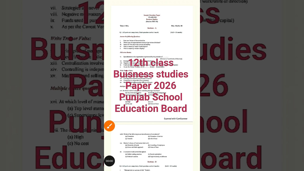 pseb 12th business studies sample paper 2026| pseb class 12 business studies solved paper 2026 |