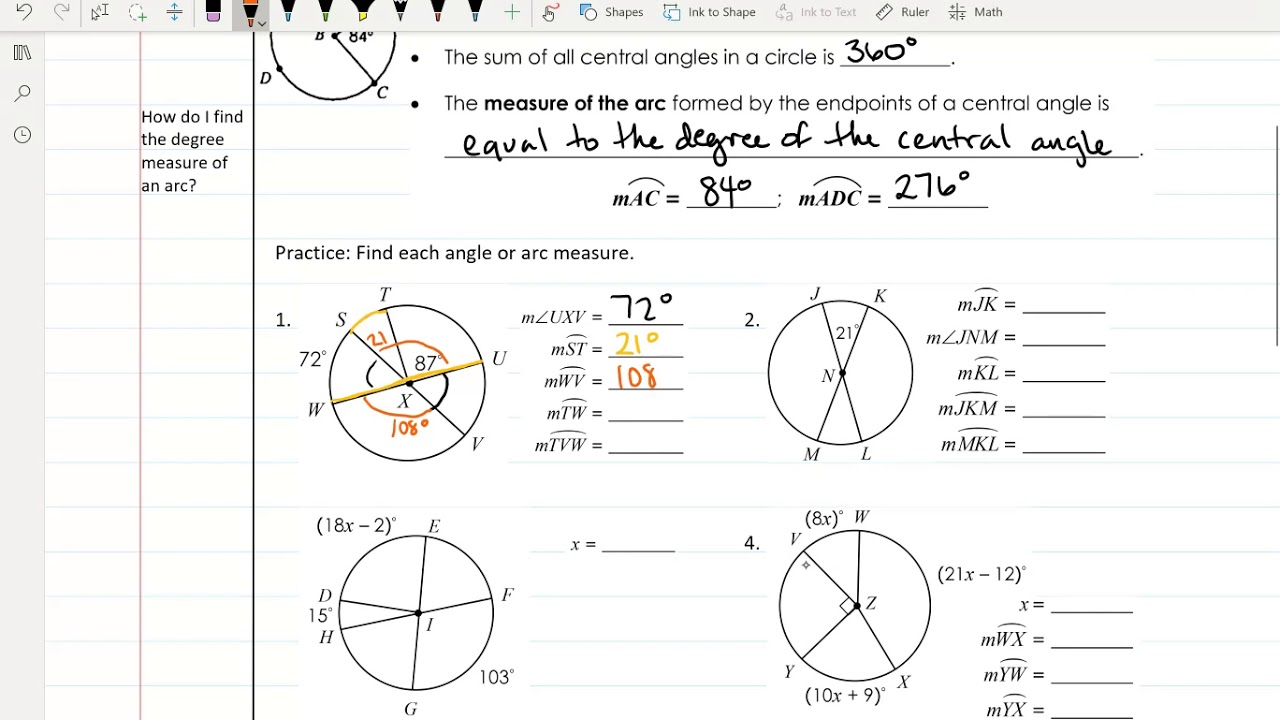 homework 2 central angles & arc measures answer key