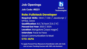 Fullstack Developer Job Openings|Join & Get Placements|Besant Technologies #shorts #job #placement