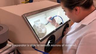 Removing matrix from dinosaur fossil with a Comco MicroBlasting System