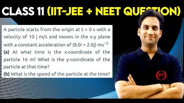 A particle starts from the origin at t = 0 s with a velocity of 10 m/s and moves in the x-y plane