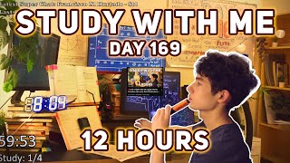 LIVE 12 HOUR | Day 169 | study with me Pomodoro | No music, Rain/Thunderstorm sounds