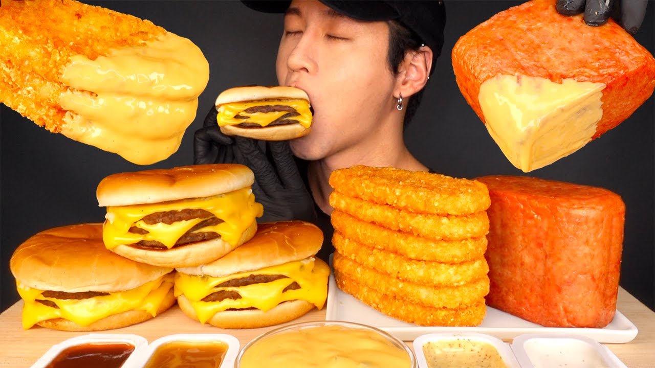 ⁣ASMR CHEESY HASH BROWNS & SPAM & TRIPLE CHEESEBURGERS MUKBANG 먹방 (No Talking) EATING SOUNDS