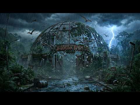 Abandoned Jurassic Park in a Thunderstorm 🦖| Dark Rain Ambience for Sleep, Study & Relaxation