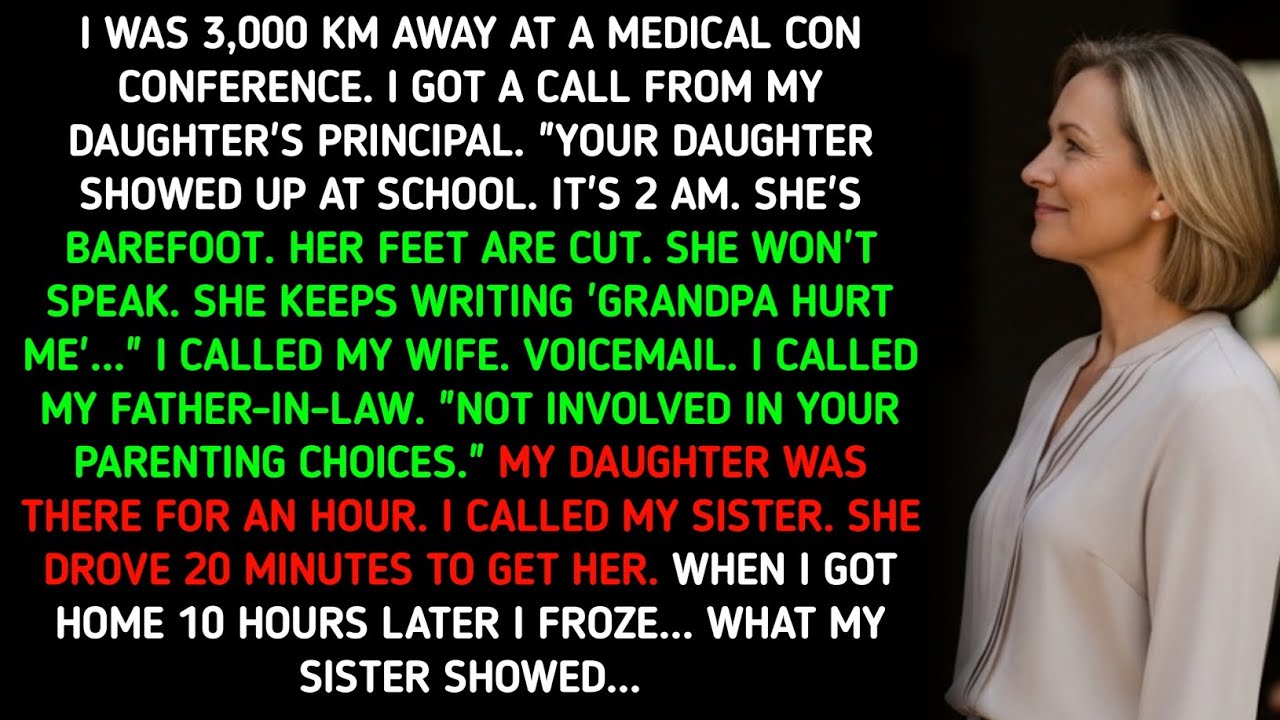 I WAS 3,000 KM AWAY AT A MEDICAL CON CONFERENCE. I GOT A CALL FROM MY DAUGHTER'S PRINCIPAL.