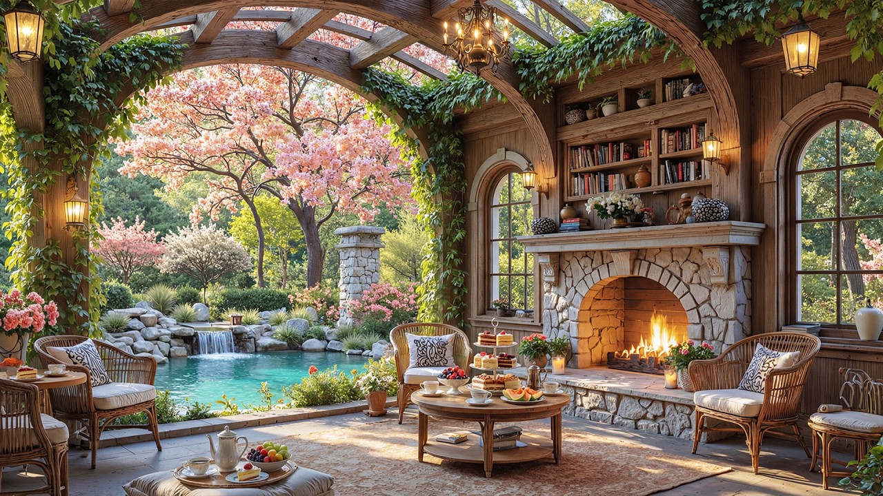 Cozy Spring Ambience in Garden 🌿 Relaxing Piano Music and Fireplace for Peaceful Vibes