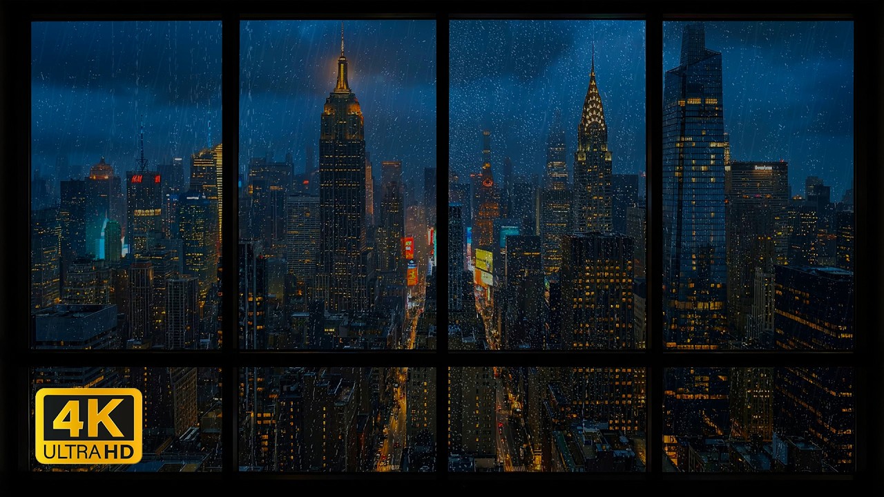 4K Window View of Rainy Night New York City 🌧️ Soothing Rain ...