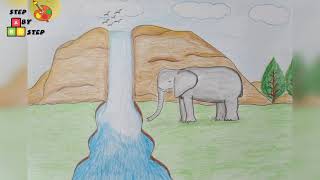 رسم فيل بطريقه بسيطه خطوة بخطوة /رسم حيوانات الغابه
