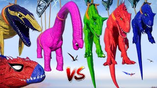 Spider-Man Mosasaurus vs COLORFUL BIG T-REX & Spinosaurus Dinosaurs Fight Jurassic World Evolution 2