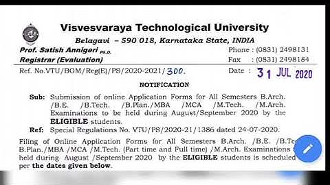 VTU exam fees filling start update on 31july 2020