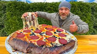 Steak Pizza Madness: Juicy Cuts of Beef Piled High on a Cheesy Crust Explosion