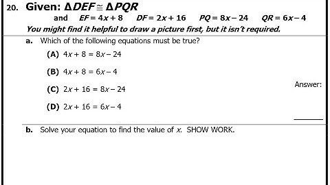 Quiz A (19 to 20) Using Corresponding Parts of Congruent Triangles to Find Unknowns