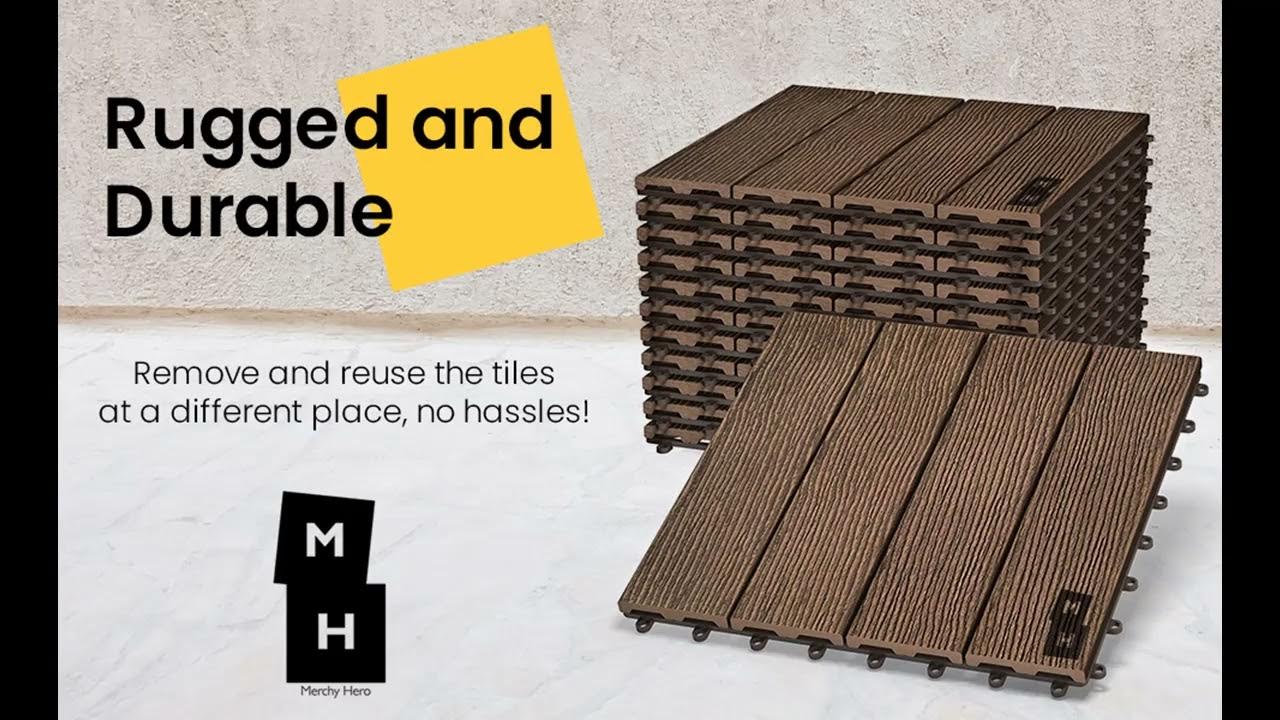 Domi Outdoor Living Patio Deck Tiles, 12 X 12 Inches Composite Interlocking Decking Tile Four Slat Plastic Outdoor Flooring 9 Pieces One Pack Dark Grey