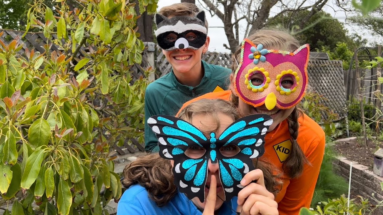 Sign Post Kids Play Hide and Seek with Pretend Play Animal Masks in the ...