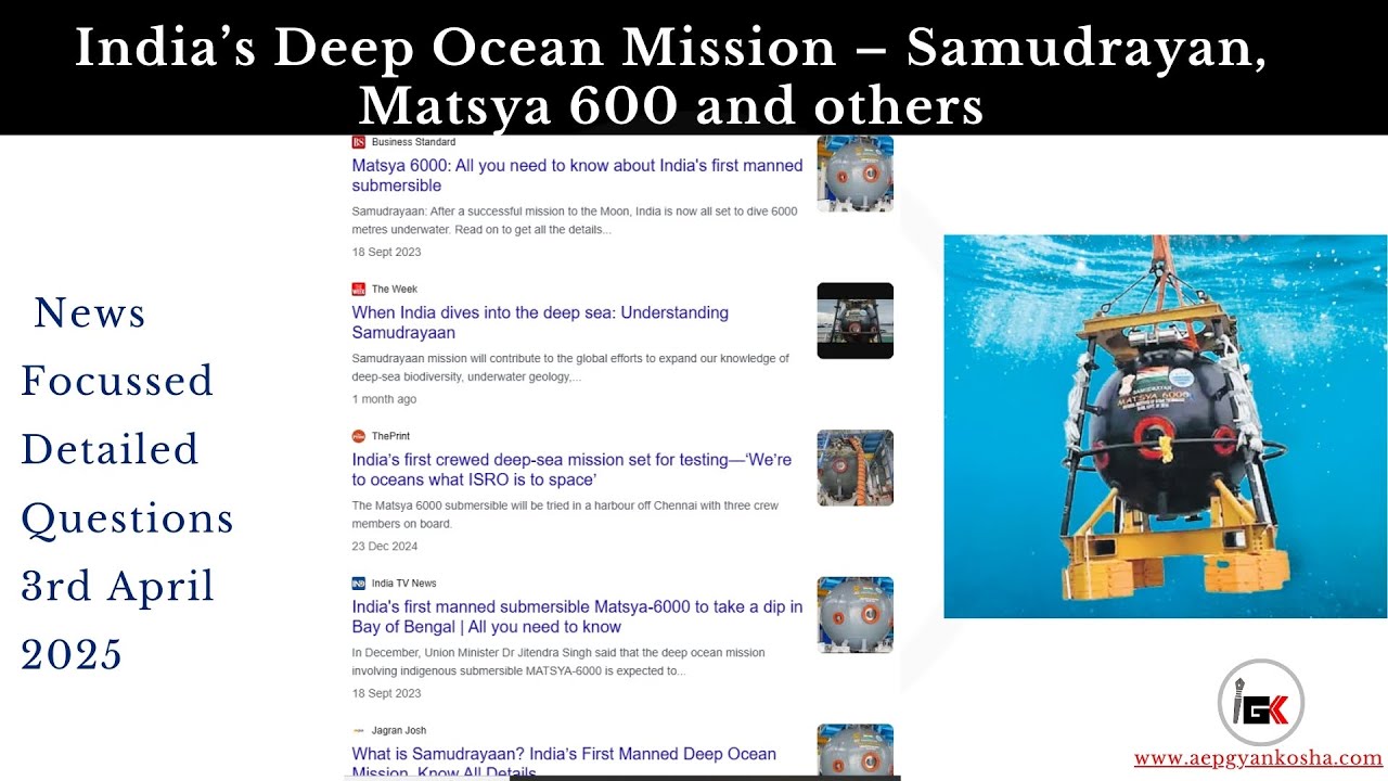 India’s Deep Ocean Mission – Samudrayan, Matsya News Focussed Detailed Questions  3rd April 2025