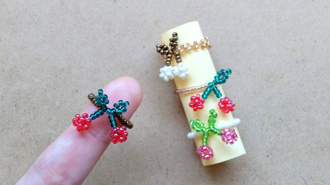 【図で解説！】さくらんぼのビーズリングの作り方🍒　How to make a cherry ring made of beads.
