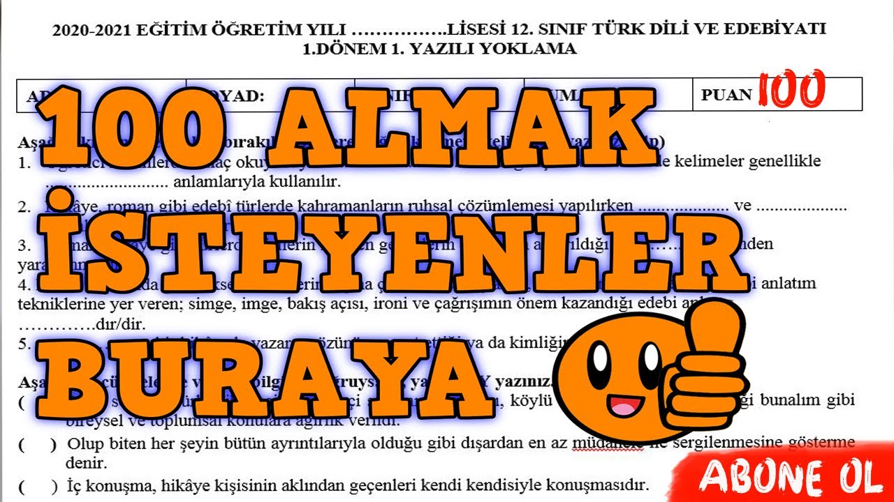 12.Sınıf Türk Dili ve Edebiyatı 1.Dönem 1. Yazılı Soruları 2020-2021 (YEPYENİ SORULAR) #EDEBİYAT