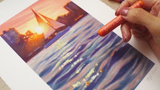 오일파스텔로 주황빛 노을 풍경 그림 그리기, Drawing sunset scenery with oil pastel for beginners
