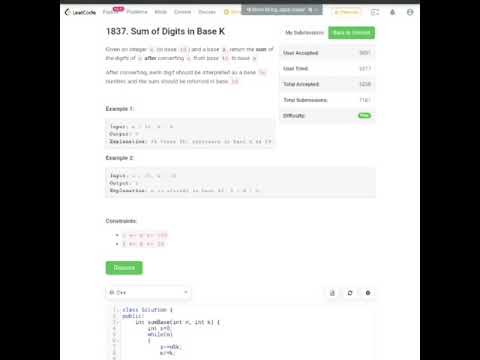 Sum of Digits in Base K | Weekly Contest 238 | Leetcode | Easy Problems 1837