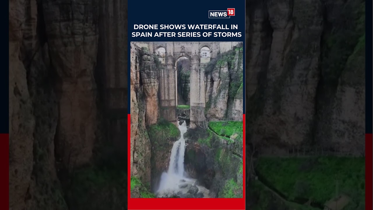 Drone Footage Captures Roaring Waterfall from New Bridge in Ronda After Storms | #Shorts | N18S
